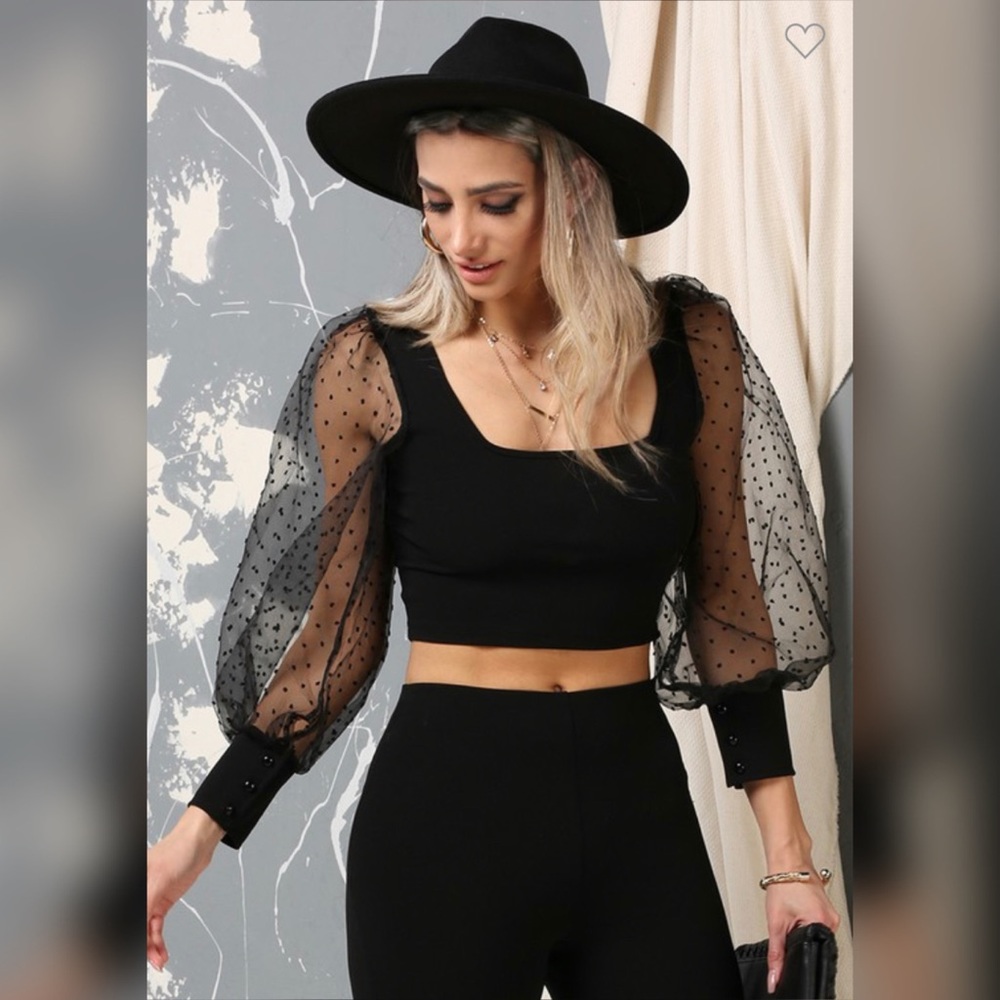 Black Swiss Dot Puff Sleeve Crop Top
